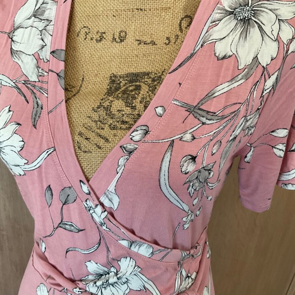 MATTY M Blush Pink faux wrap Dress Short Sleeve Jersey floral Cottagecore  L - Picture 11 of 14